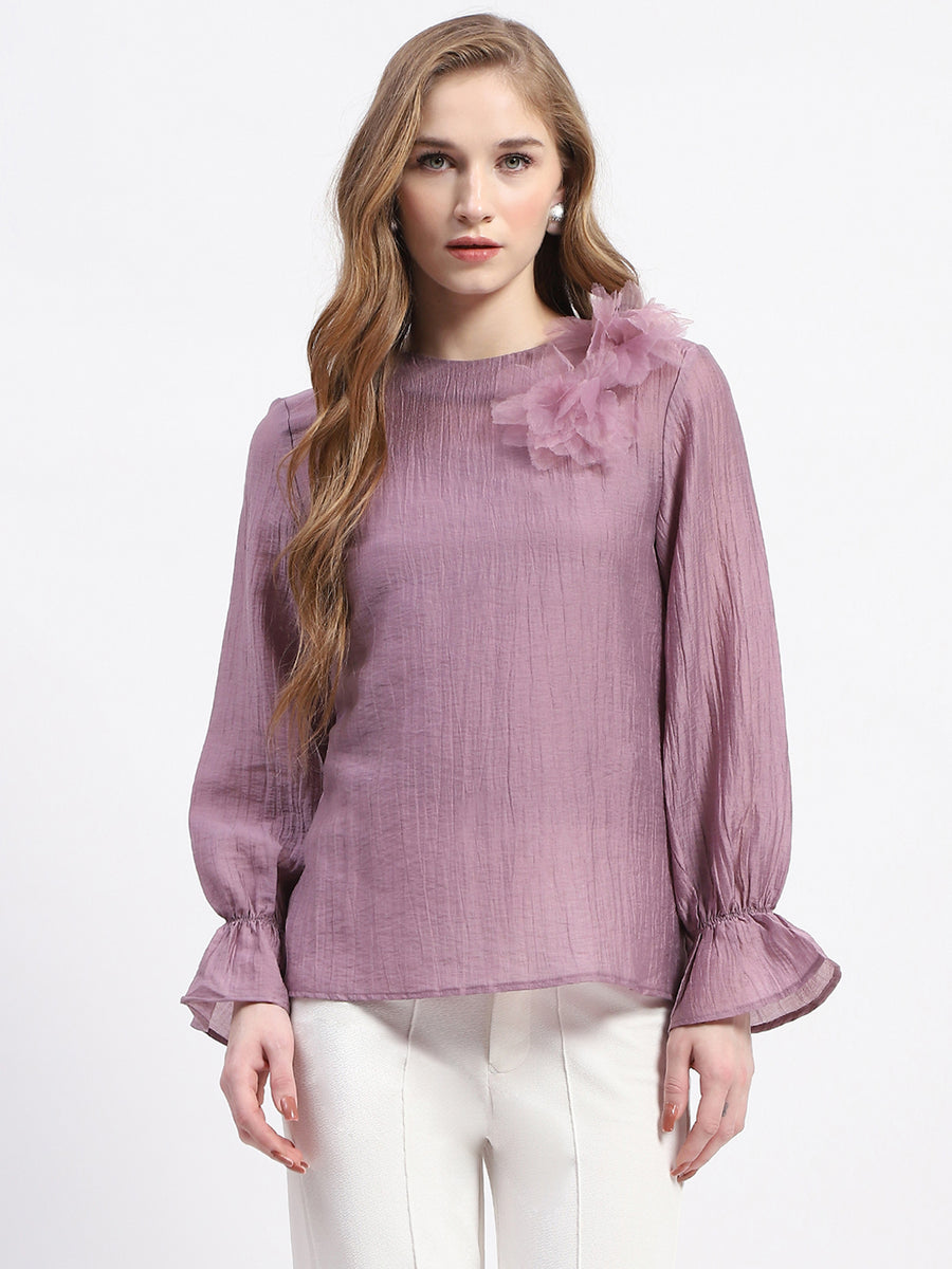 Madame 3D Flower Detailed Round Neck Solid Lilac Top