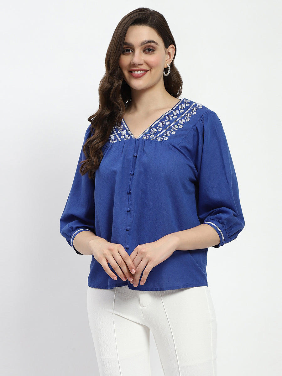 Madame Royal Blue Linen Cotton Blend Tunic Top