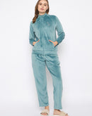 mSECRET Velour Branding Zipped Mint Green Top and Bottom Night Suit