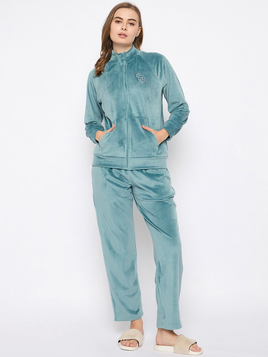 mSECRET Velour Branding Zipped Mint Green Top and Bottom Night Suit