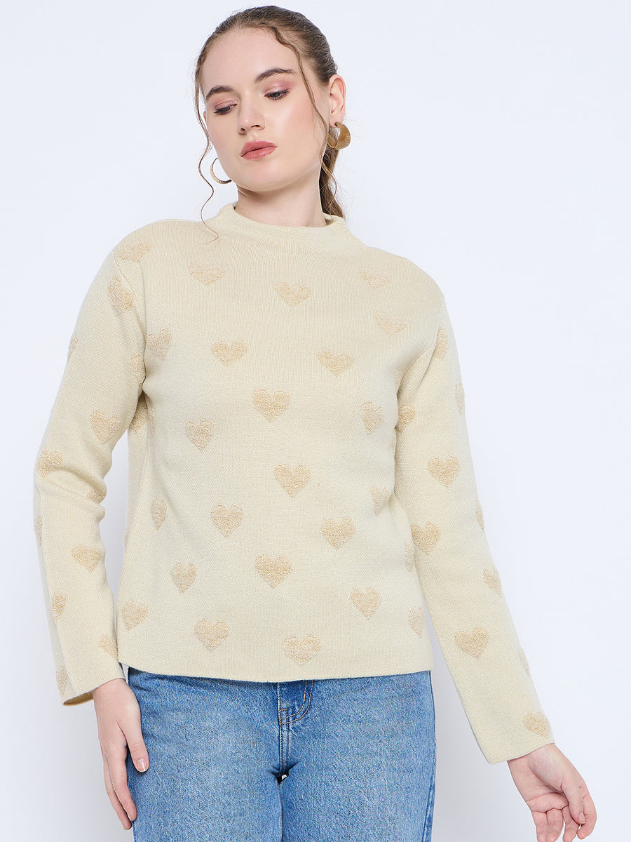 Madame Graphic Print Mock Neck Beige Sweater