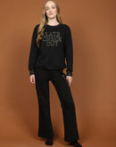 mSECRET Fleece Patch Embroidered Foil Printed Black Night Suit