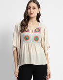 Madame Crochet Embroidered Flared Sleeve Beige Top