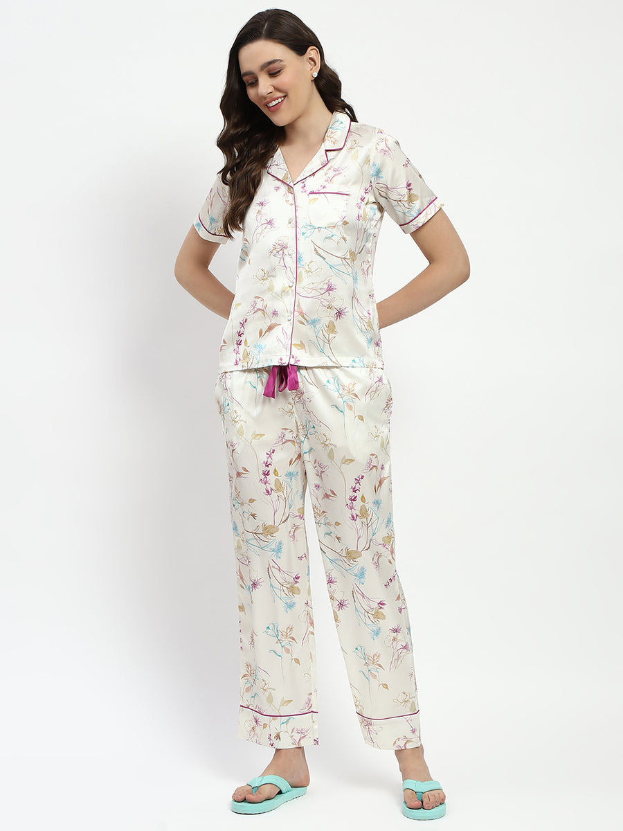 mSECRET Printed Shirt and Shorts Off White Nightsuit