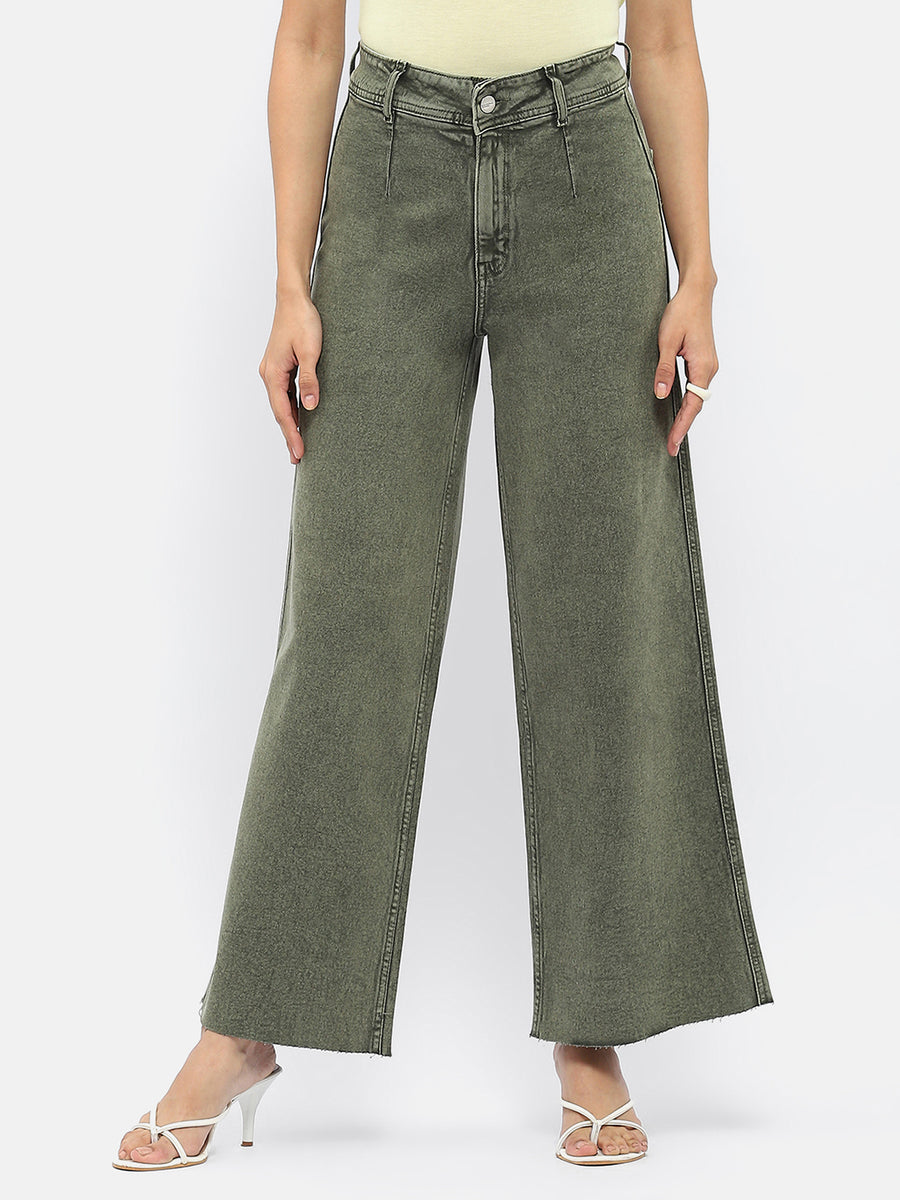 Madame Solid Olive Wide Leg Jeans