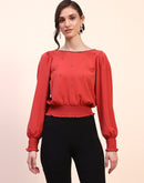 Camla Barcelona Embellished Boat Neck Cinch Waist Red Top