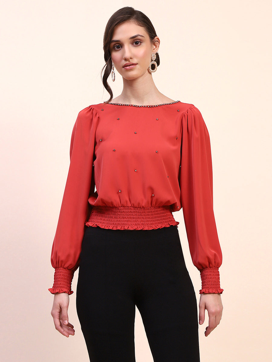 Camla Barcelona Embellished Boat Neck Cinch Waist Red Top