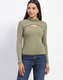 Madame Chest Cutout Green Ribbed Hi Neck Top