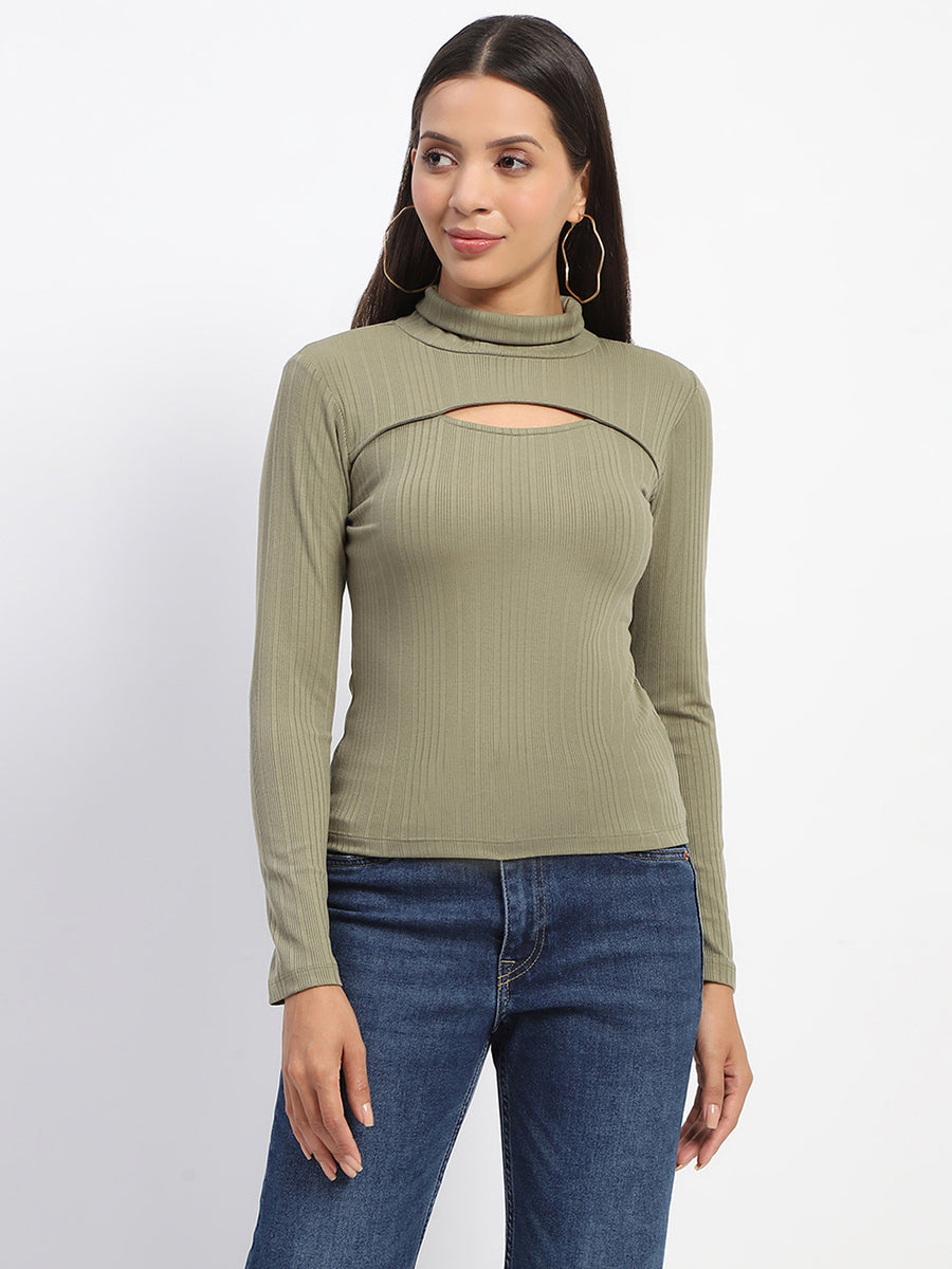 Madame Chest Cutout Green Ribbed Hi Neck Top