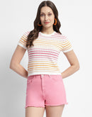 Madame Striped Crew Neck Knitted Off White Top