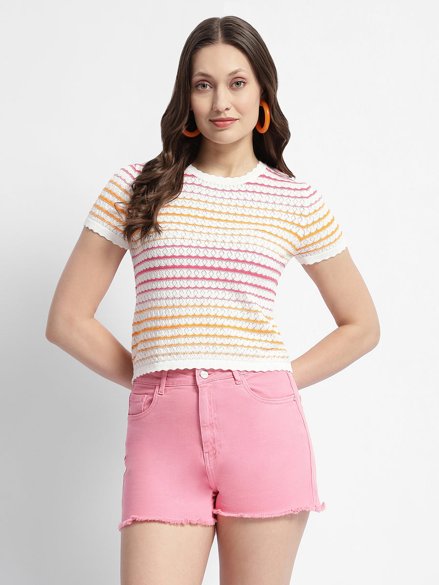 Madame Striped Crew Neck Knitted Off White Top