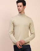 Camla Barcelona Embossed High Neck Solid Beige Sweater