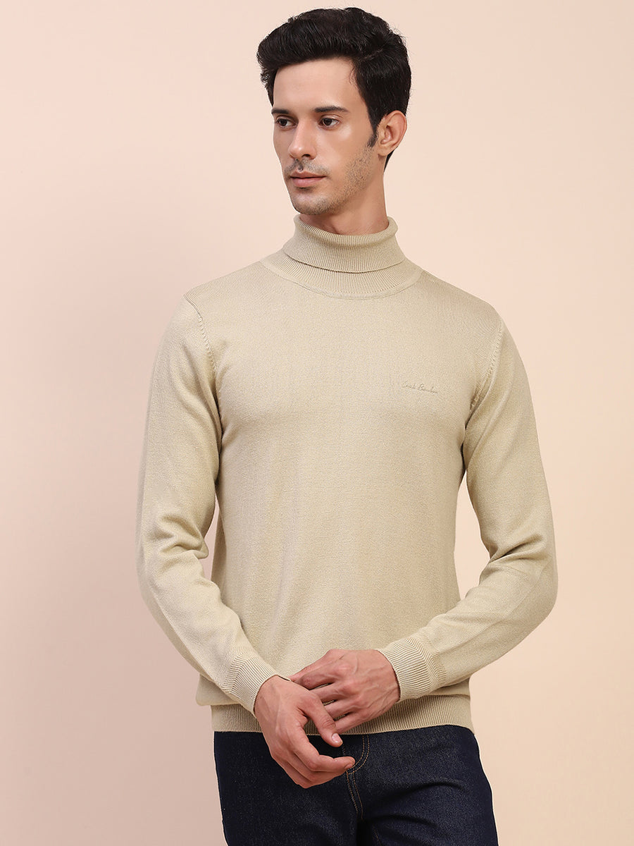 Camla Barcelona Embossed High Neck Solid Beige Sweater