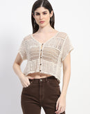 Madame Buttoned Cotton Crochet Sheer Off White Top