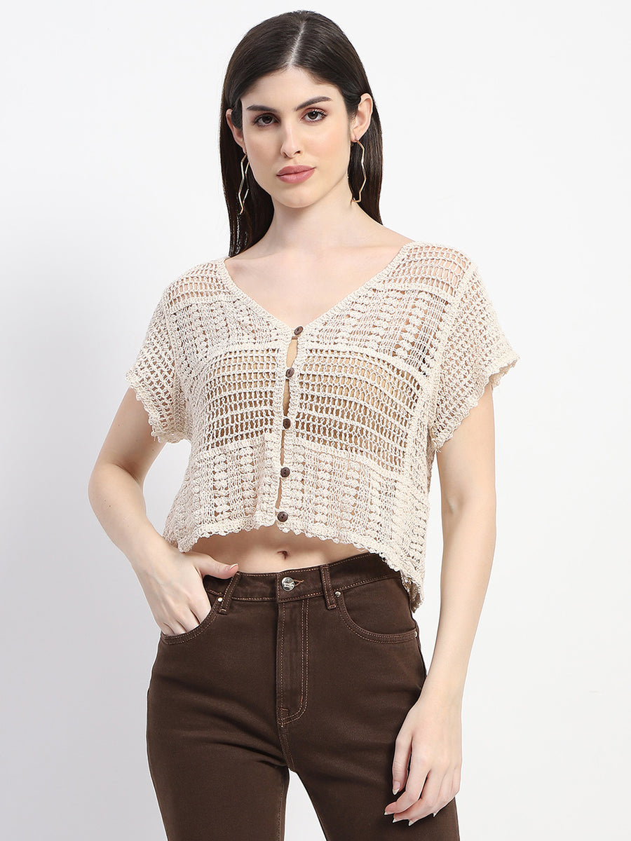 Madame Buttoned Cotton Crochet Sheer Off White Top