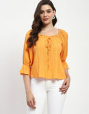 Madame Textured Cotton Blend Smocked Orange Top