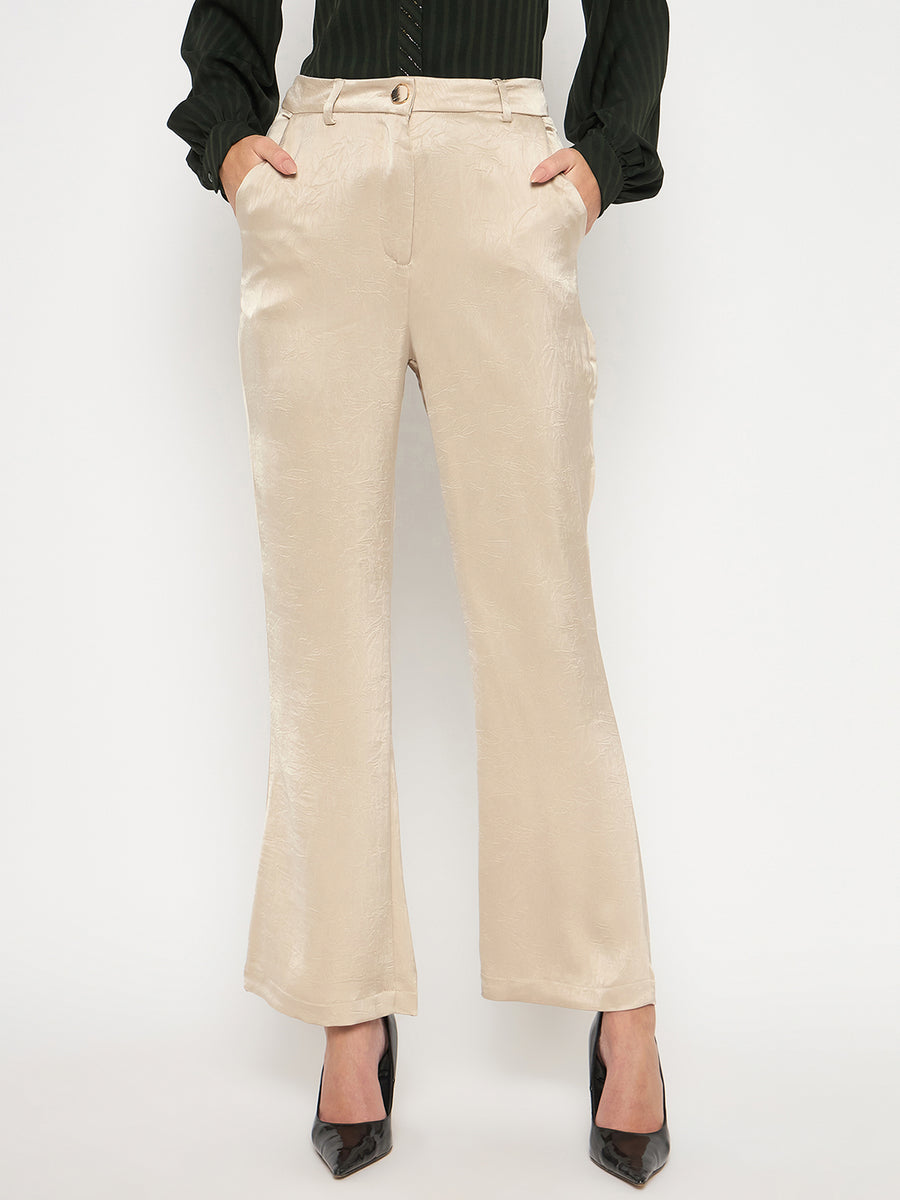 Madame Straight Fit Solid Beige Trousers