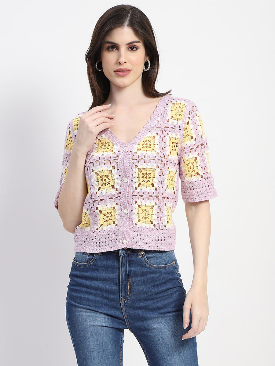 Madame Crochet Knit Button-Down Mauve Cotton Crop Top