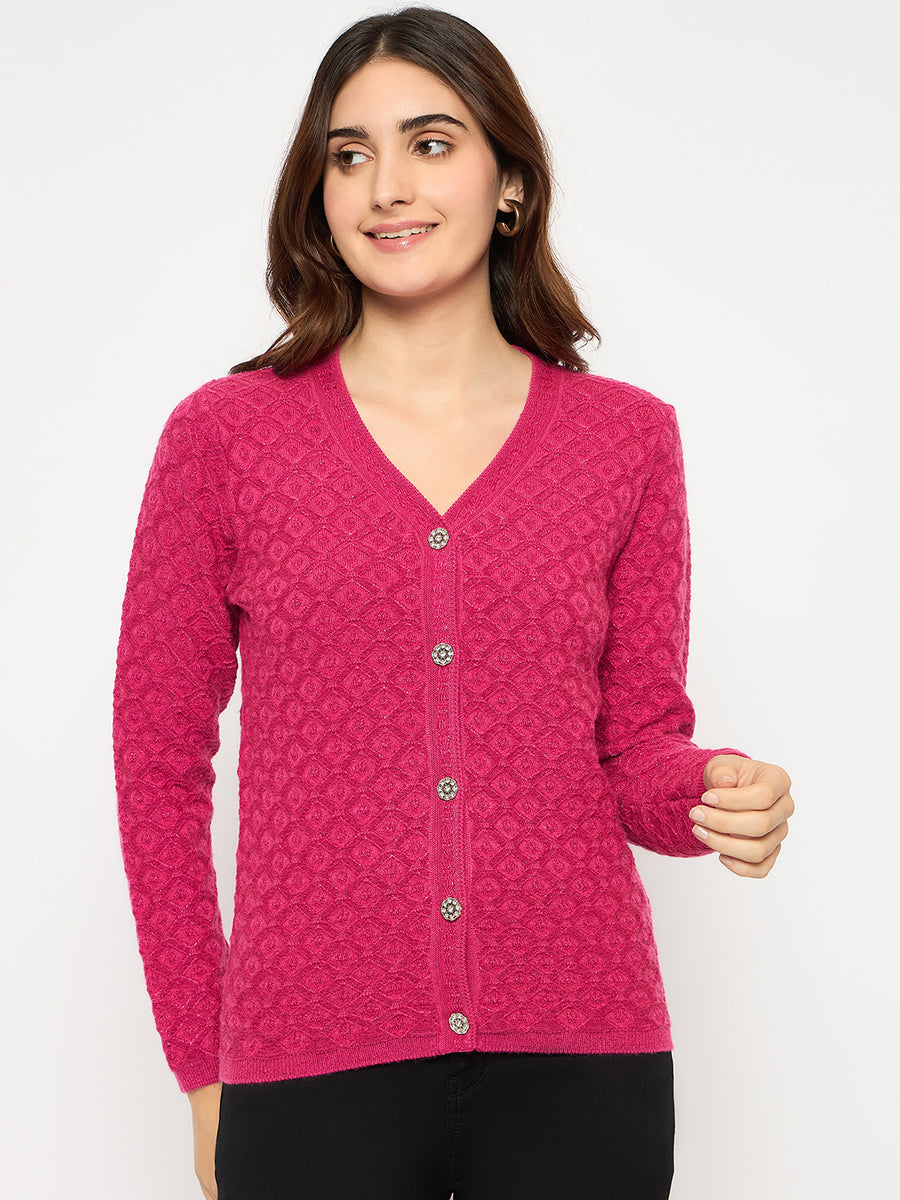 Madame Cable Knit V Neck Hot Pink Cardigan