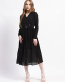 Madame Pleated Cotton Blend Black Shirt Dress