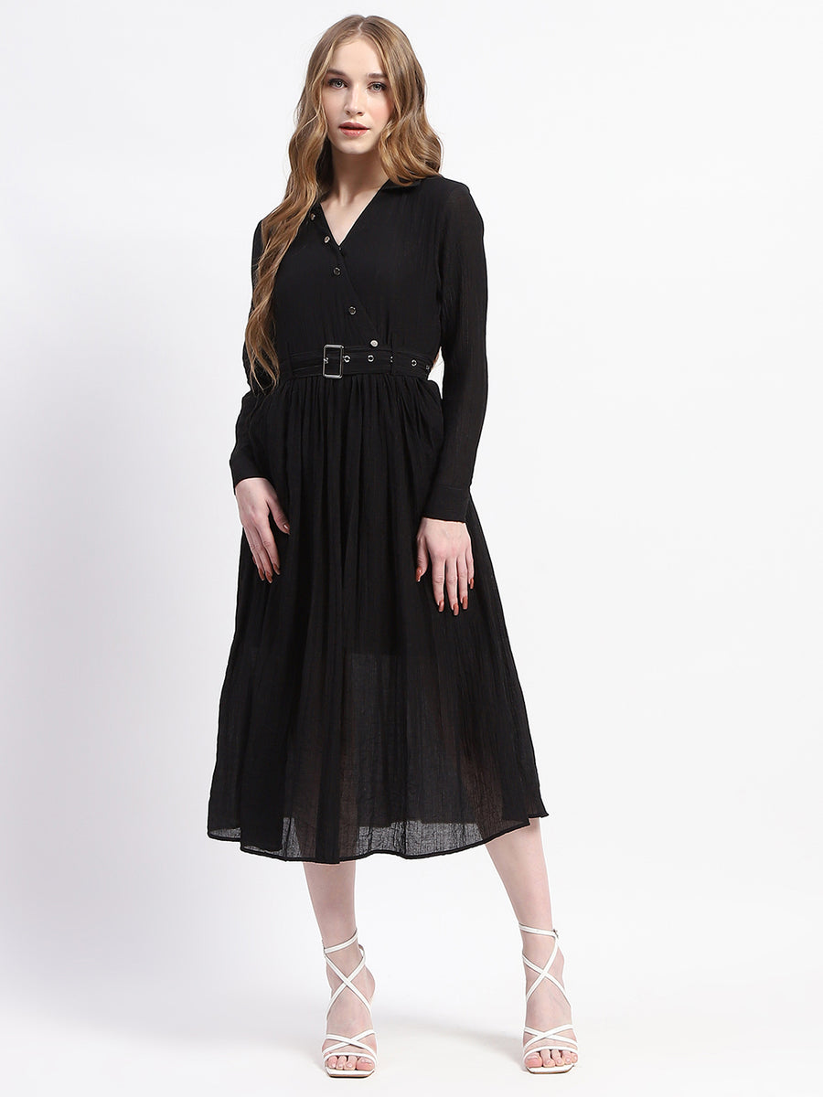 Madame Pleated Cotton Blend Black Shirt Dress