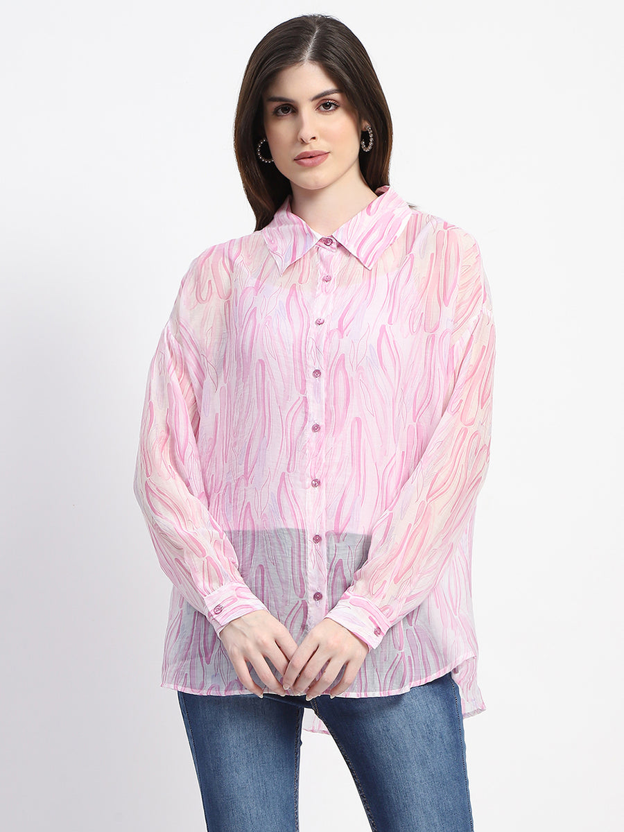 Madame Semi Sheer Abstract Print Baby Pink Shirt