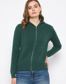 Madame Zip Solid Green Hooded Sweater