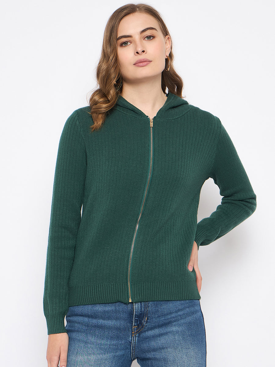 Madame Zip Solid Green Hooded Sweater