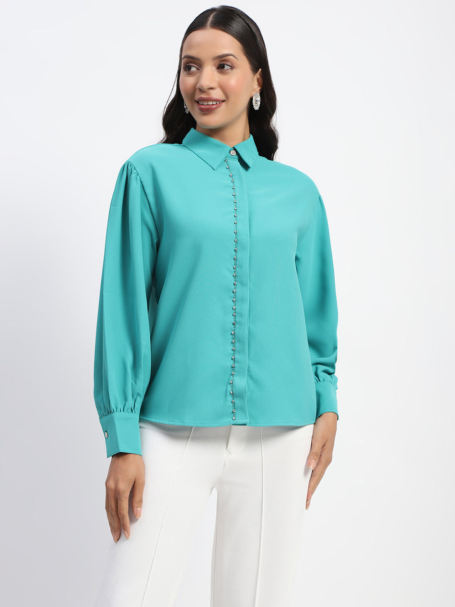 Madame Embellished Cuffed Sleeve Green Shirt