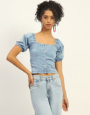 Madame Square Neck Front Button Ice Blue Denim Top