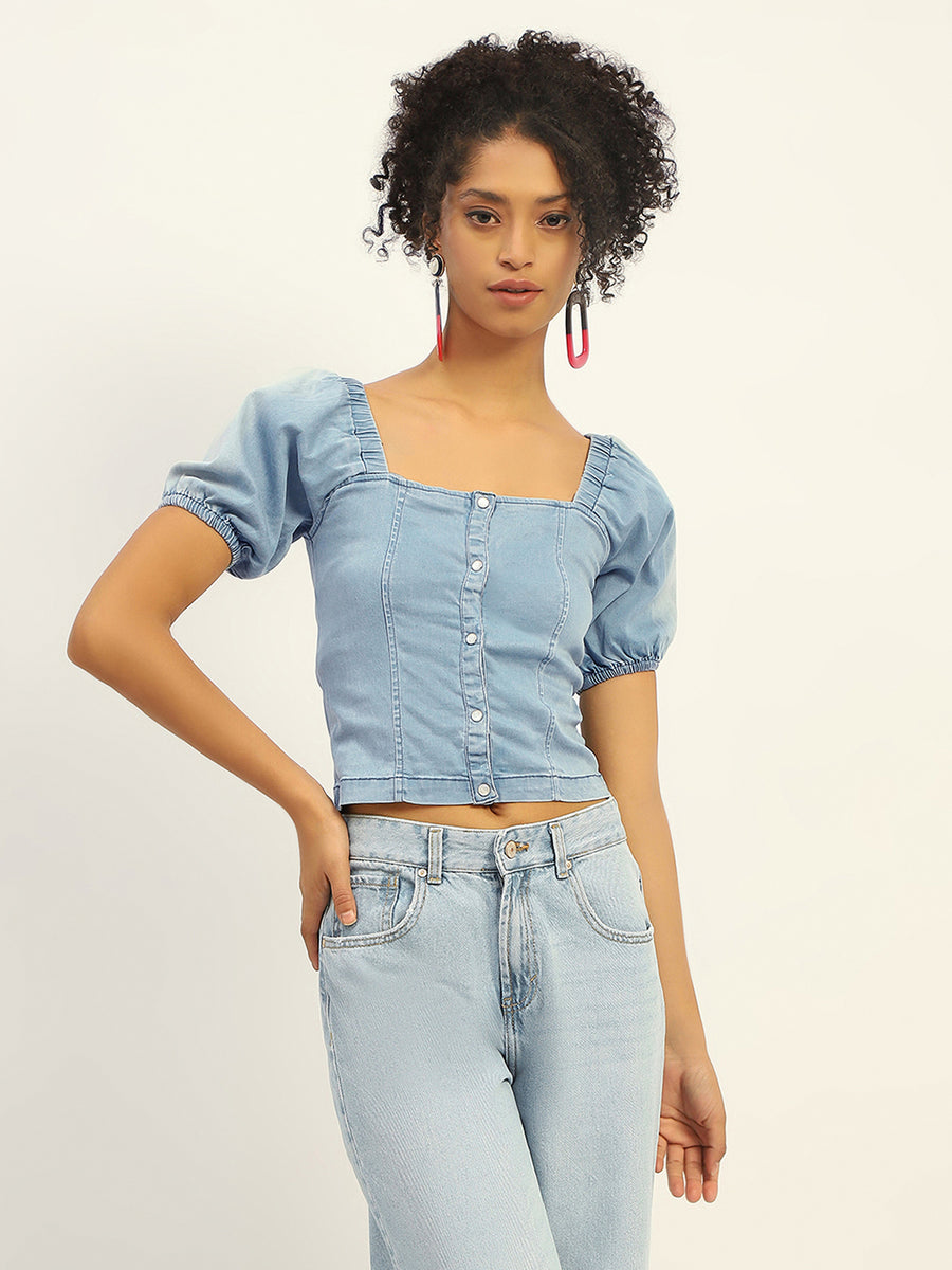 Madame Square Neck Front Button Ice Blue Denim Top