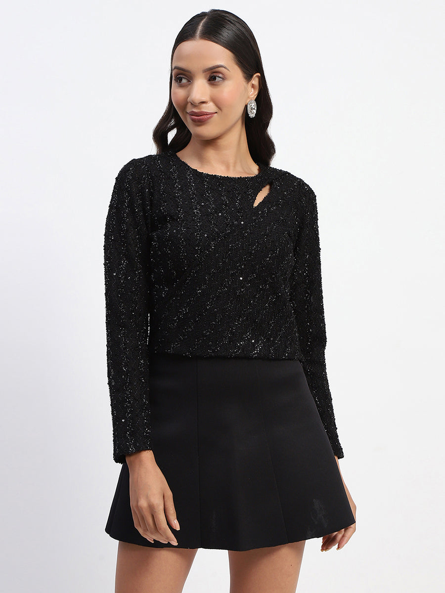 Madame Embellished Front Cutout Black Top