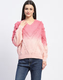 Madame Ombre Print Textured V Neck Pink Sweater