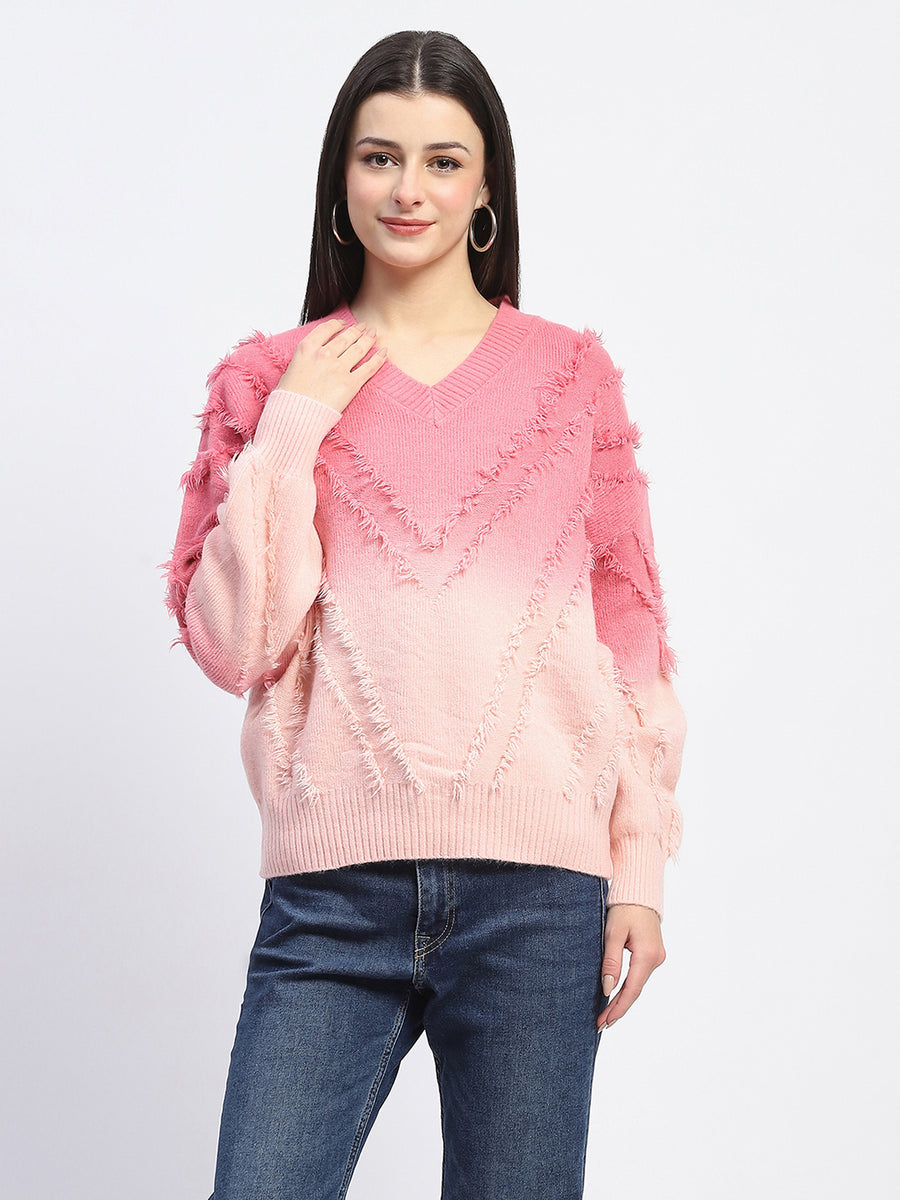 Madame Ombre Print Textured V Neck Pink Sweater