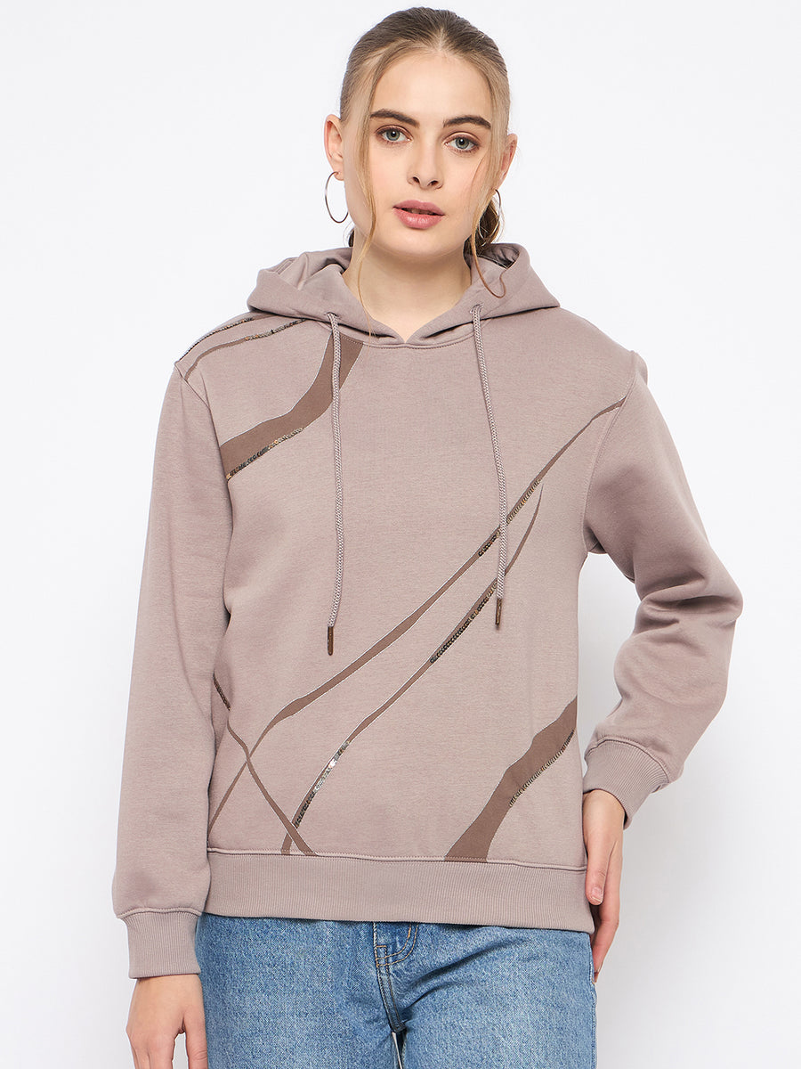 Madame Cotton Blend Printed And Handwork Detailed Brown Sweatshirt