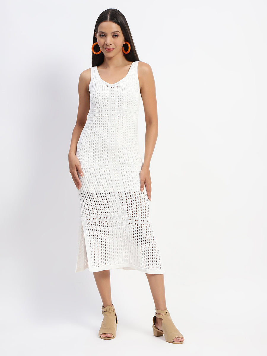 Madame V Neck Crochet Off White Knitted Dress