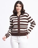 Madame Viscose Blend Zipped Chocolate Brown Striped Knitted Top