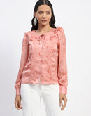 Madame Abstract Print Tie Neck Button Down Peach Top