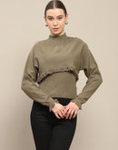 Madame Front Ripped Full Sleeve Olive Sweater