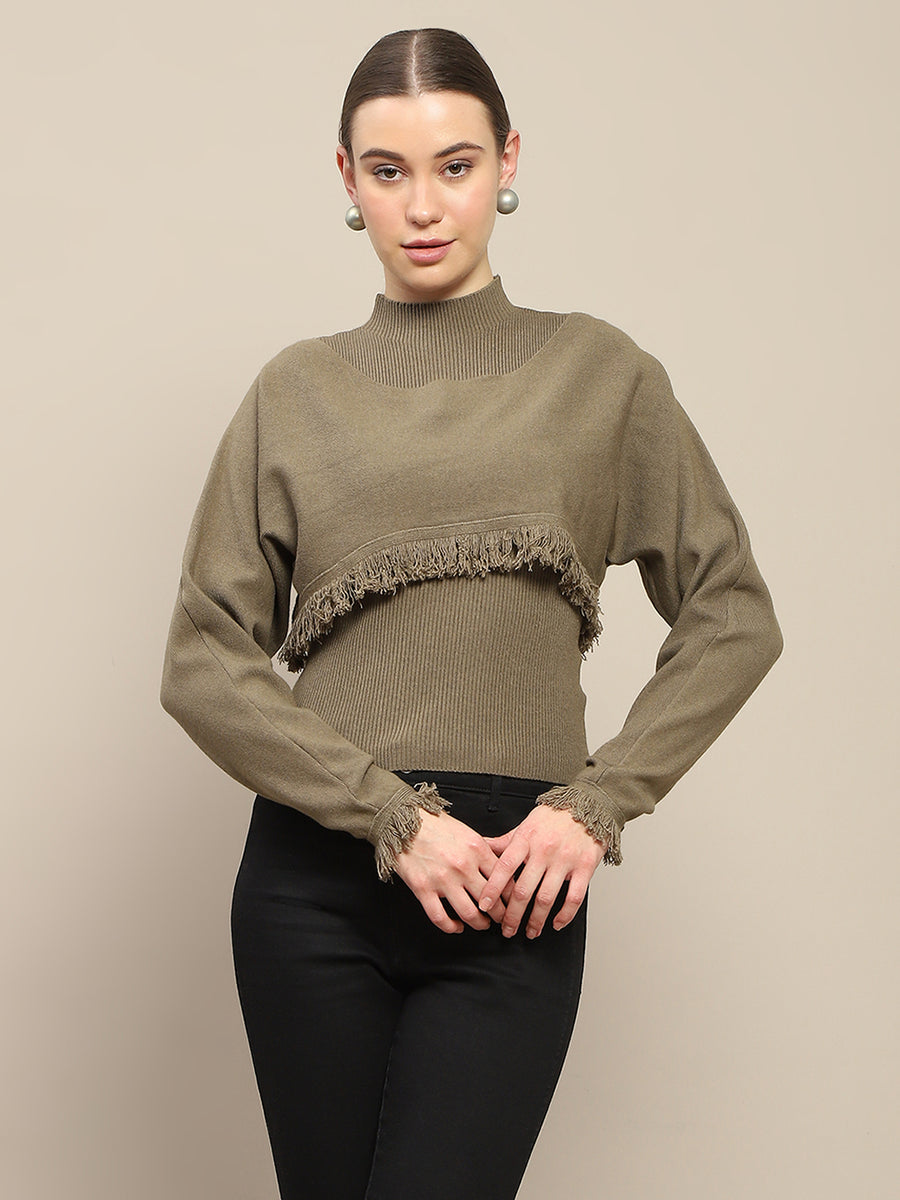 Madame Front Ripped Full Sleeve Olive Sweater