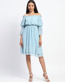 Madame Gathered Waist Off Shoulder Aqua Dress