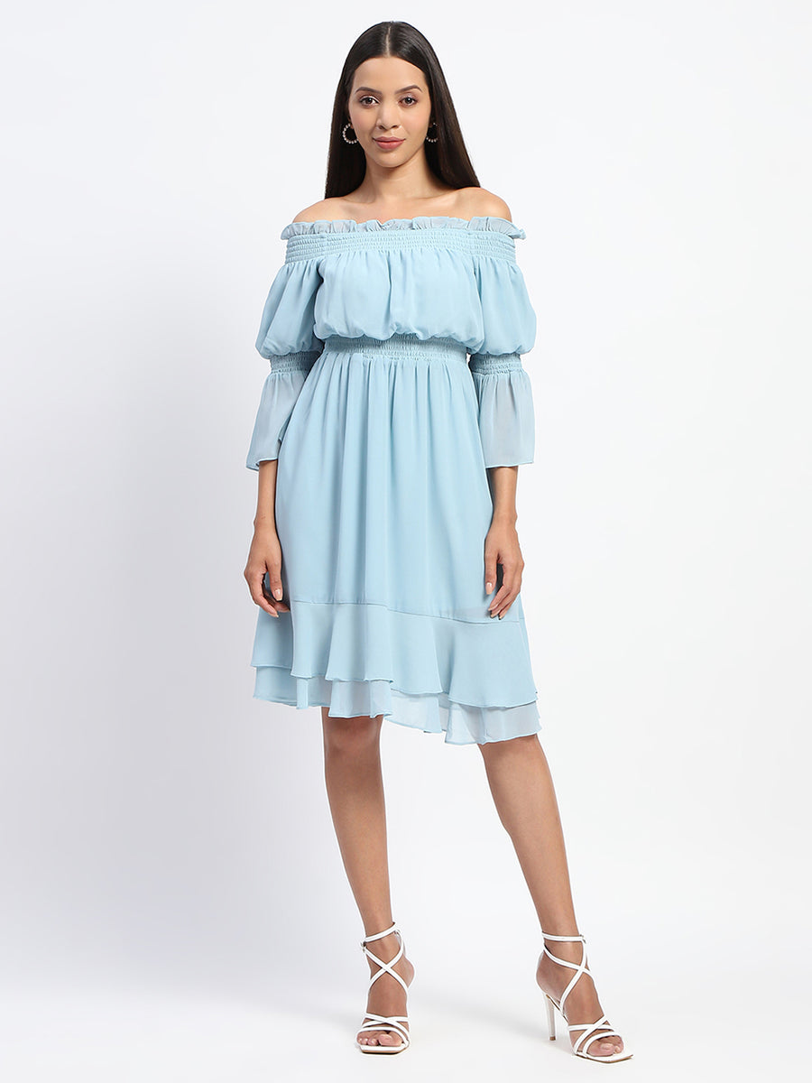 Madame Gathered Waist Off Shoulder Aqua Dress