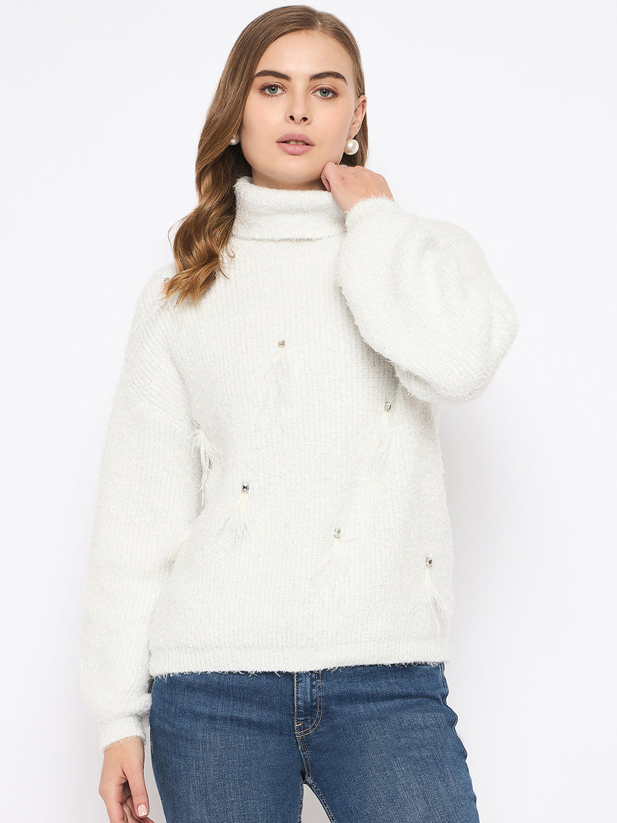 Madame Embellished Turtleneck Off White Sweater