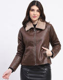 Madame Textured Self Design Brown Suede Jacket