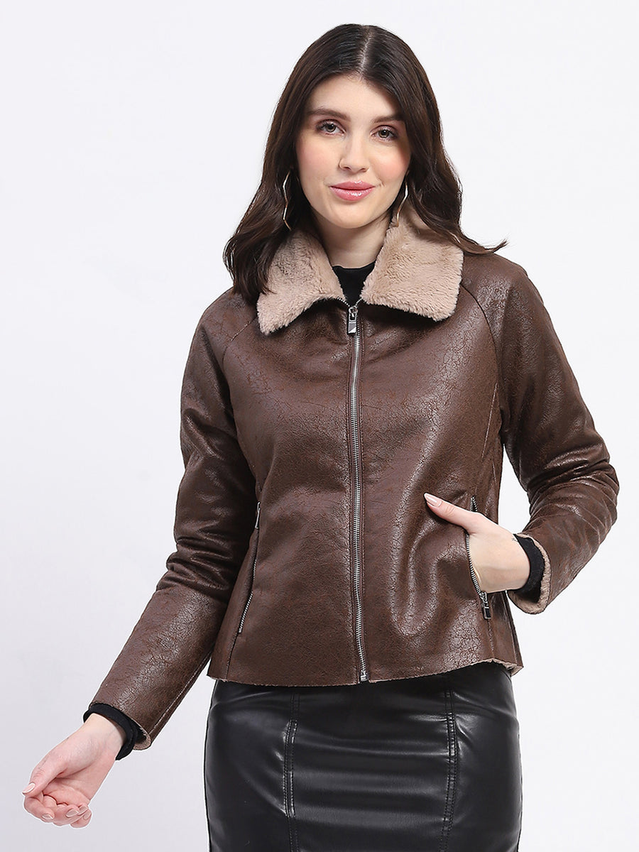 Madame Textured Self Design Brown Suede Jacket