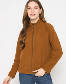 Madame Raglan Sleeve Embroidered Brown Zipped Sweatshirt