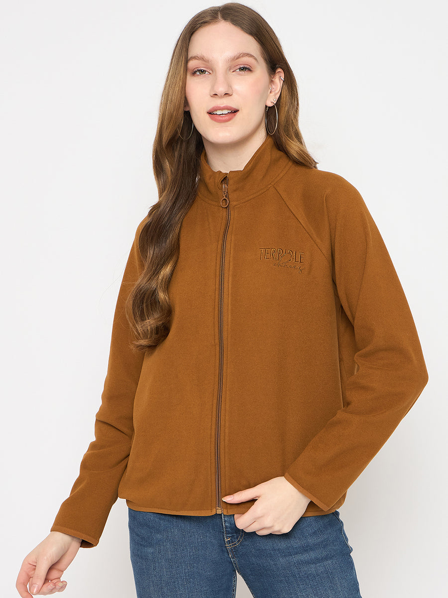 Madame Raglan Sleeve Embroidered Brown Zipped Sweatshirt