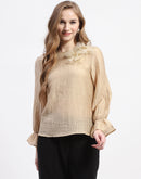 Madame Beige Ruffle Sleeve Textured Tencel Blend Top