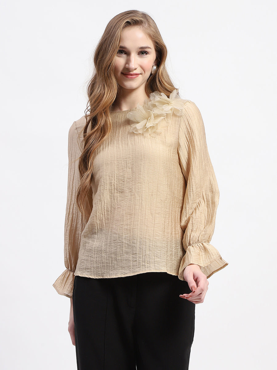 Madame Beige Ruffle Sleeve Textured Tencel Blend Top