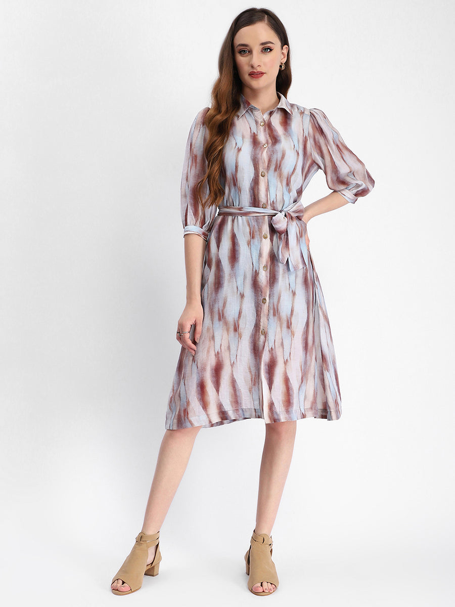 Madame Blue Abstract Print Belted A Line Midi Dress